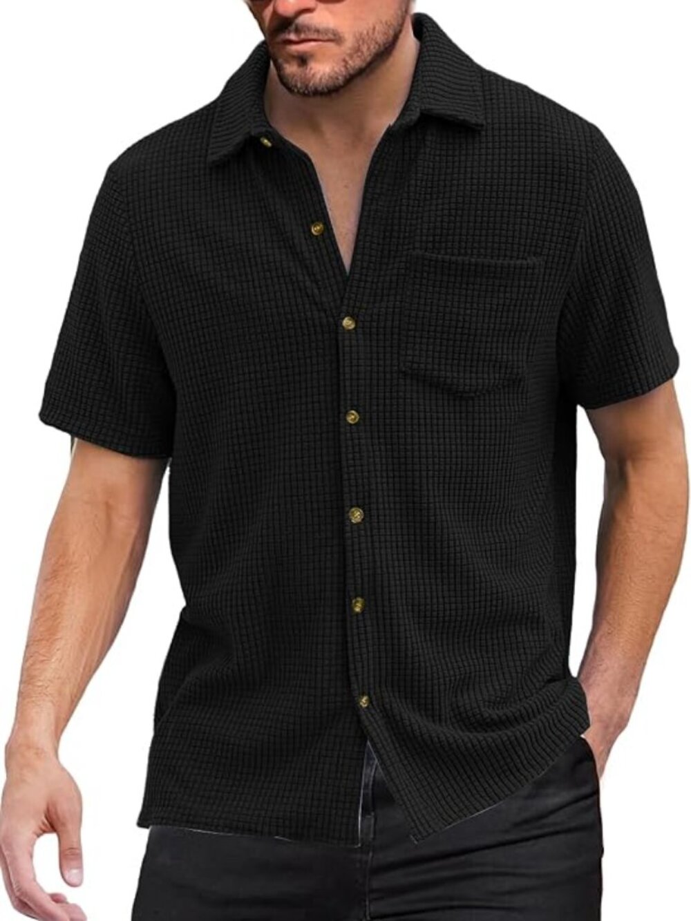 UIRIUY - Men’s Short Sleeve Corduroy Button-Down Shirt Black Medium